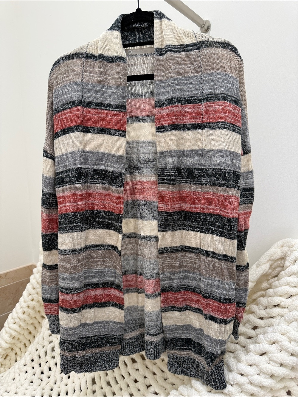 Open-Front Striped Cardigan Sweater in Cream, Gray & Rust